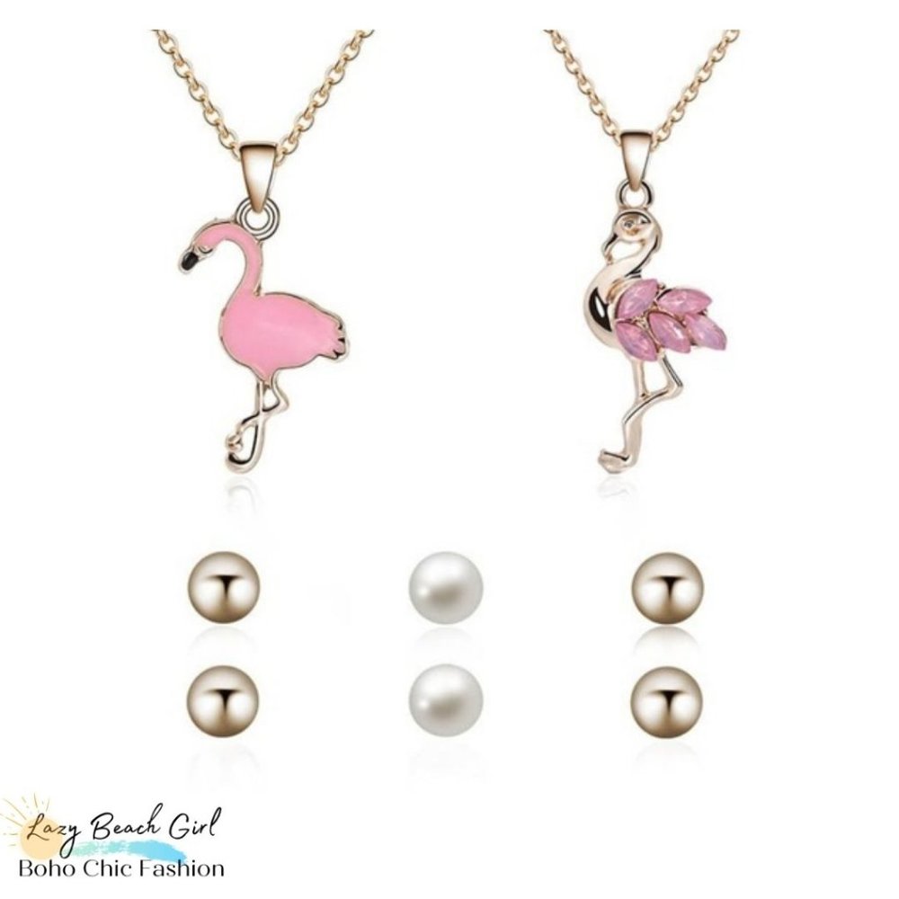 Flamingo Necklaces 3 Pairs of Earrings